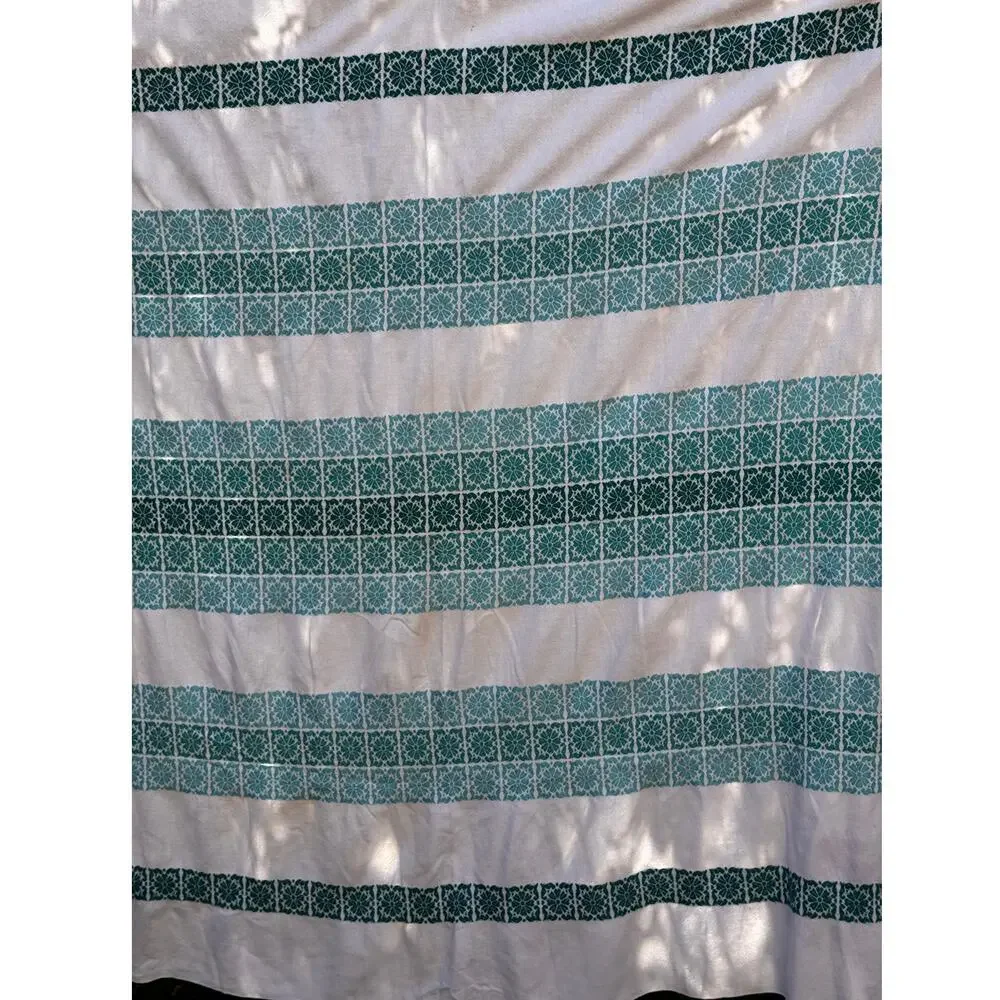 Vtg Teal White Woven Cotton Table Cloth 50X60 Geometric Stripe Mid Century Folk